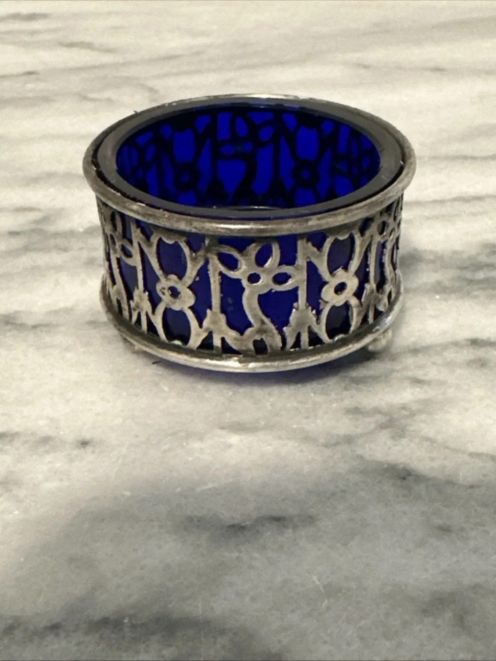 Antique sterling silver with cobalt blue glass insert salt cellar